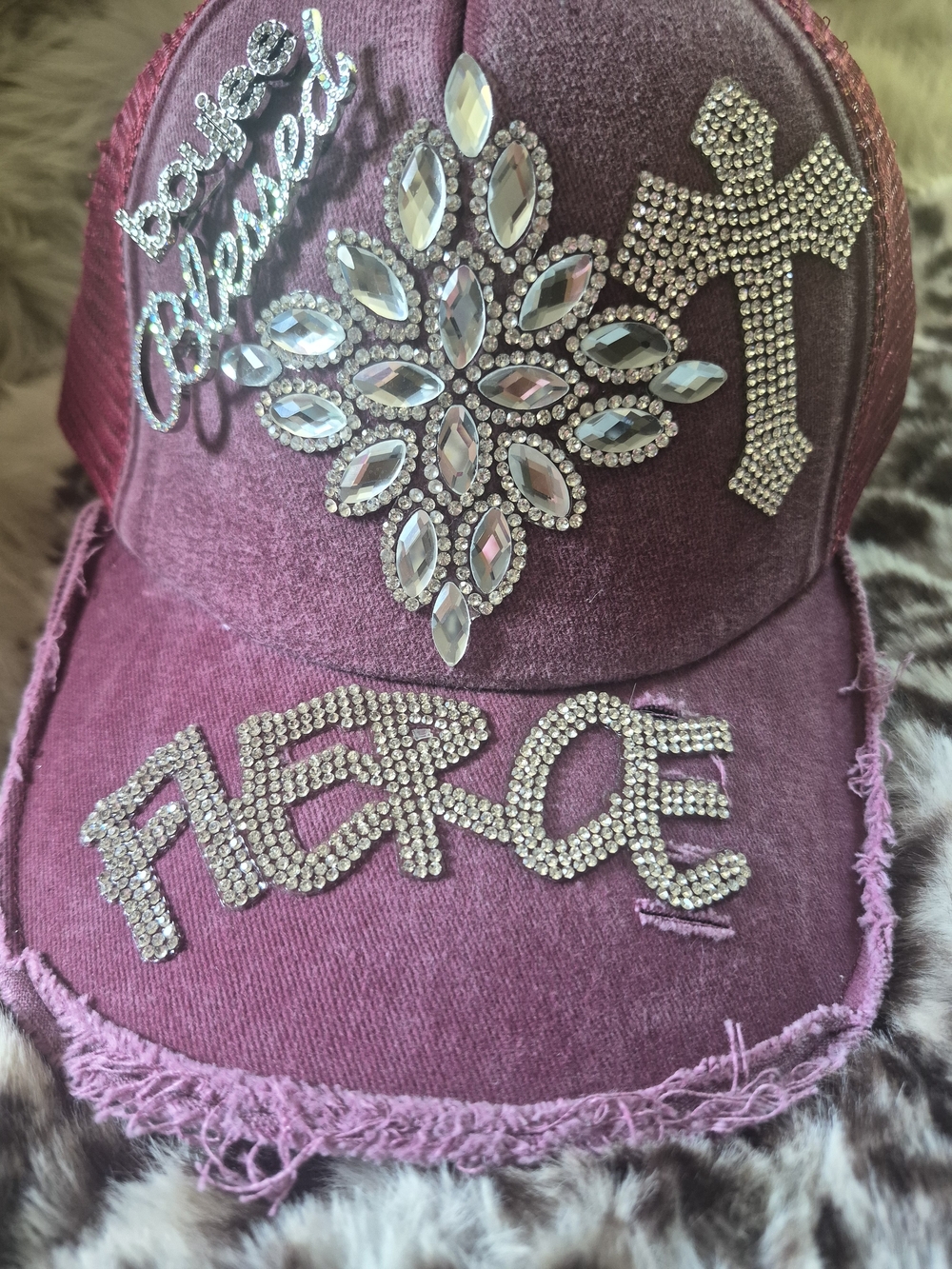 Distressed Rhinestone Embellished Pink Baseball Cap -